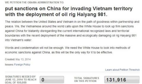 Lá đơn kiến nghị trên trang web Nhà Trắng