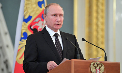 Tổng thống Nga Vladimir Putin phát biểu tại lễ đón các đại sứ mới được bổ nhiệm. Ảnh: Sputnik.